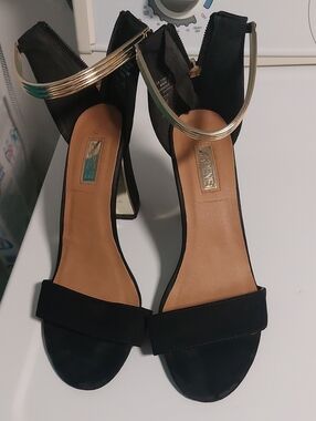 Black High-Heel Ankle-Strap Sandals with Gold Accent